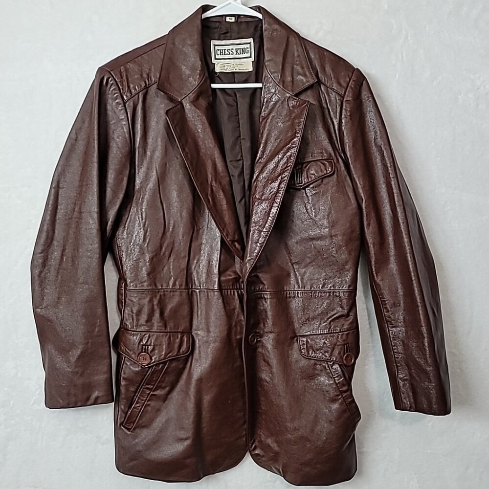 Vintage Chess King Mens Sz 40 Cognac Brown Leather 2-Button Blazer Fight Club